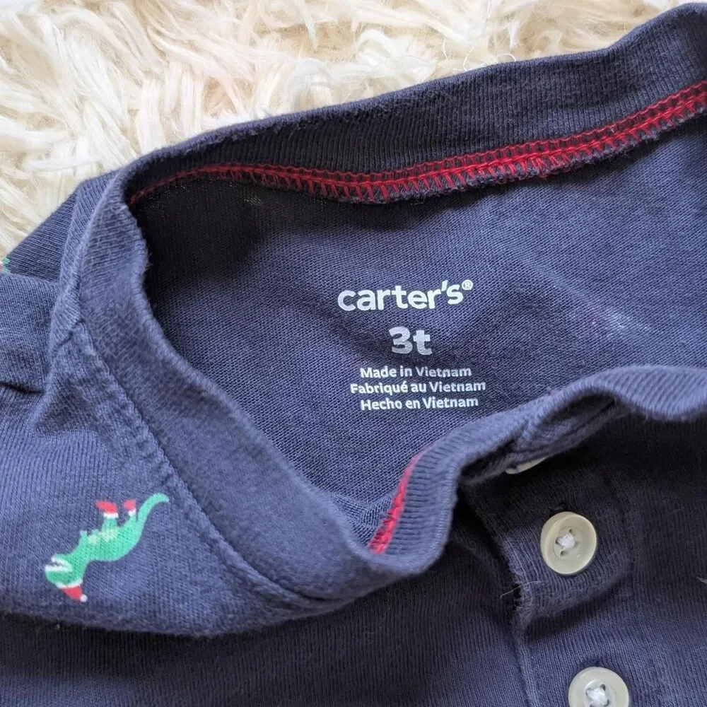 Carter's Boys Size 3T Navy Blue Christmas Dinosaur Stego T-Rex Henley Shirt